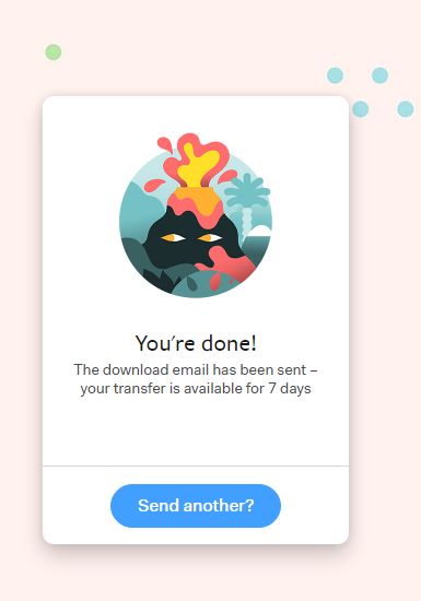 We Transfer congratulations screen for self published authors uploading their manuscripts